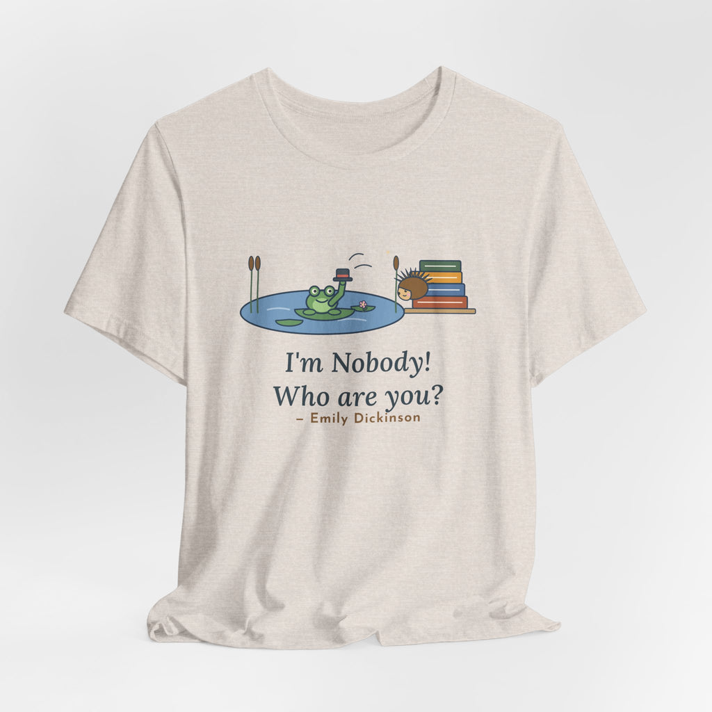 Dickinson Quote T-Shirt, I'm Nobody Poem, Literary Frog and Hedgehog Tee