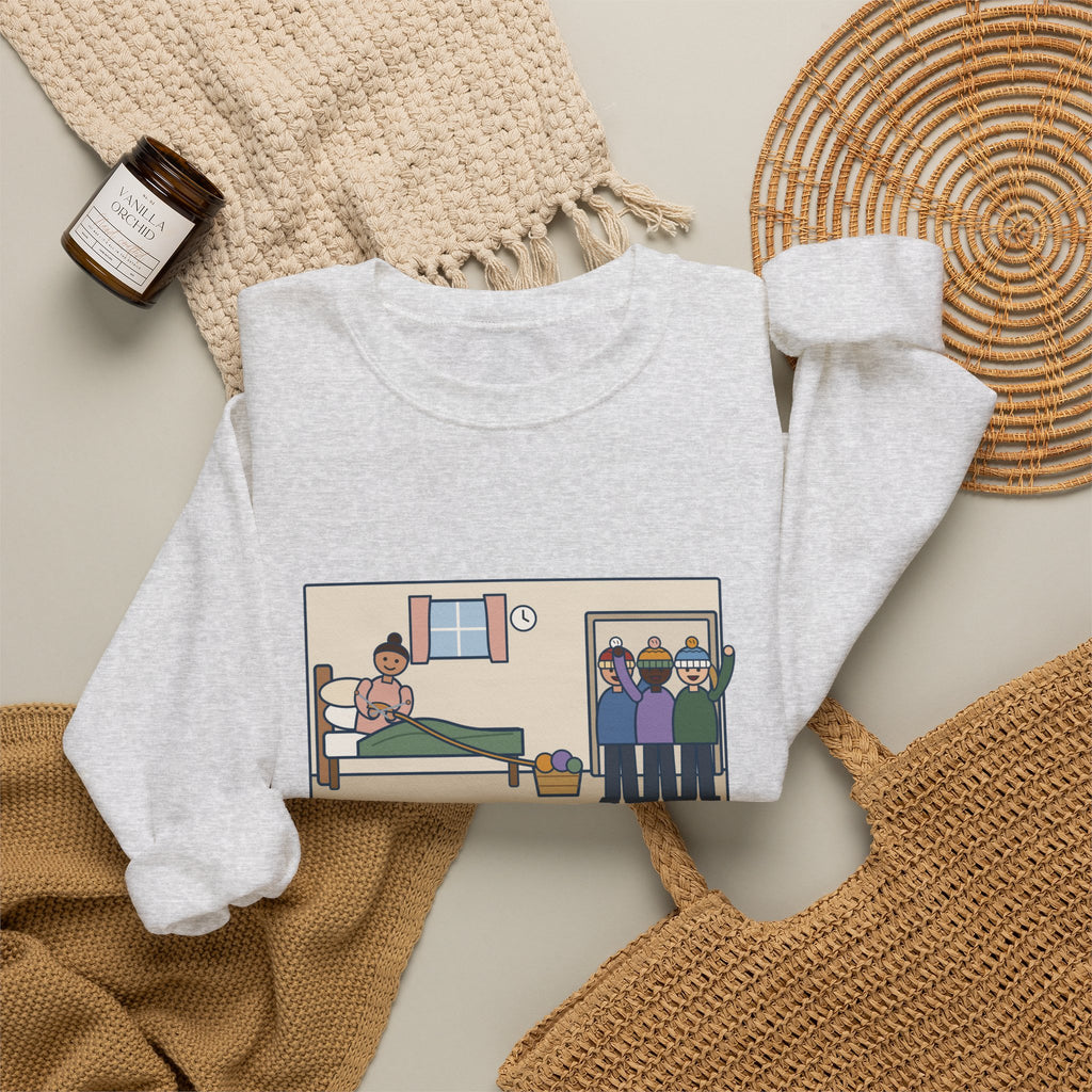 Antepartum Nurse Sweatshirt, Week Five of Bed Rest, She Knitted a Hat for Every Nurse on Day Shift, Funny Knitted Hats Crewneck