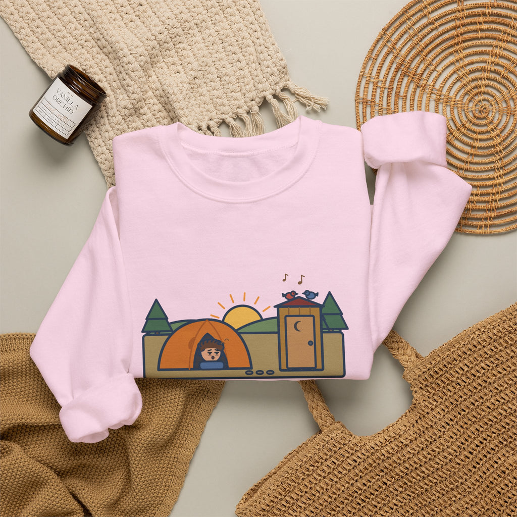 Pitched the Tent in the Dark Sweatshirt, Funny Camping Crewneck with Outhouse View