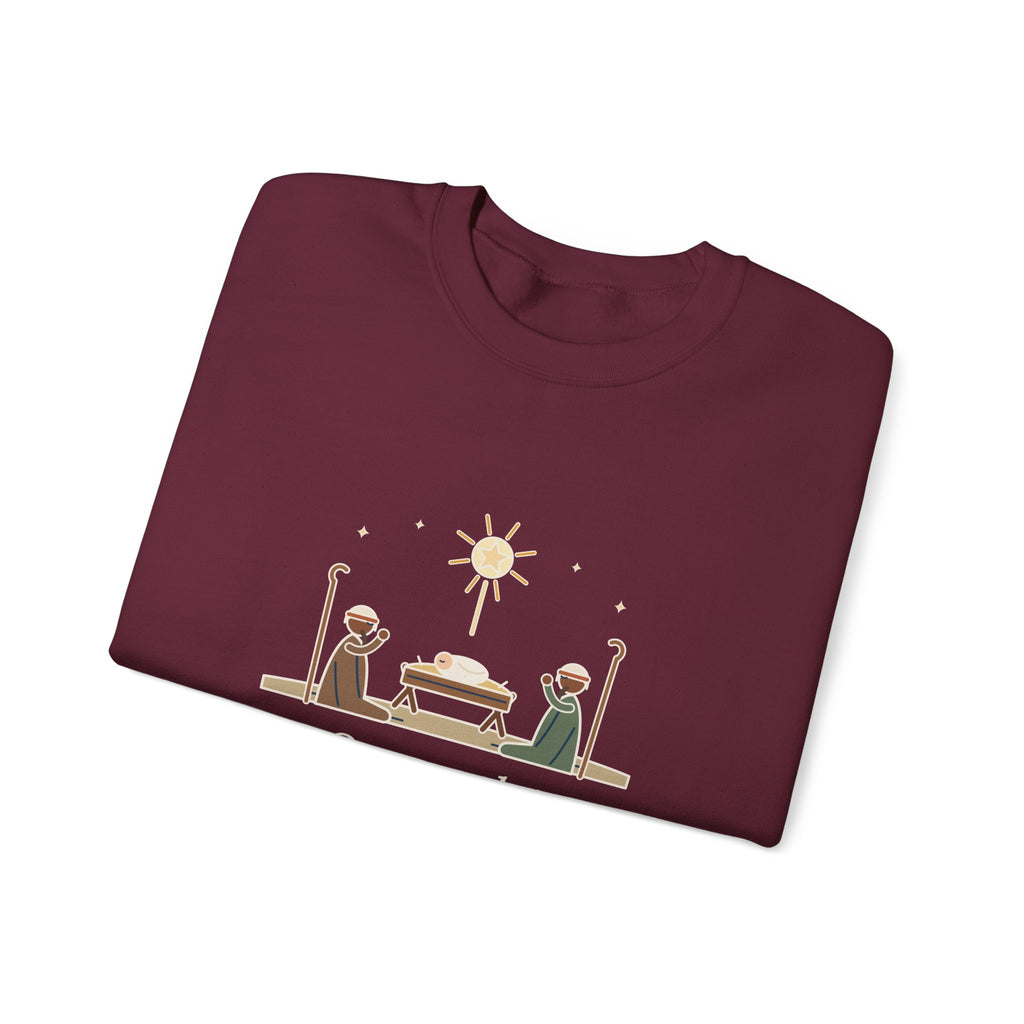 O Come, Let Us Adore him Sweatshirt, Christmas Oakeley Quote Crewneck with Woodcut Manger