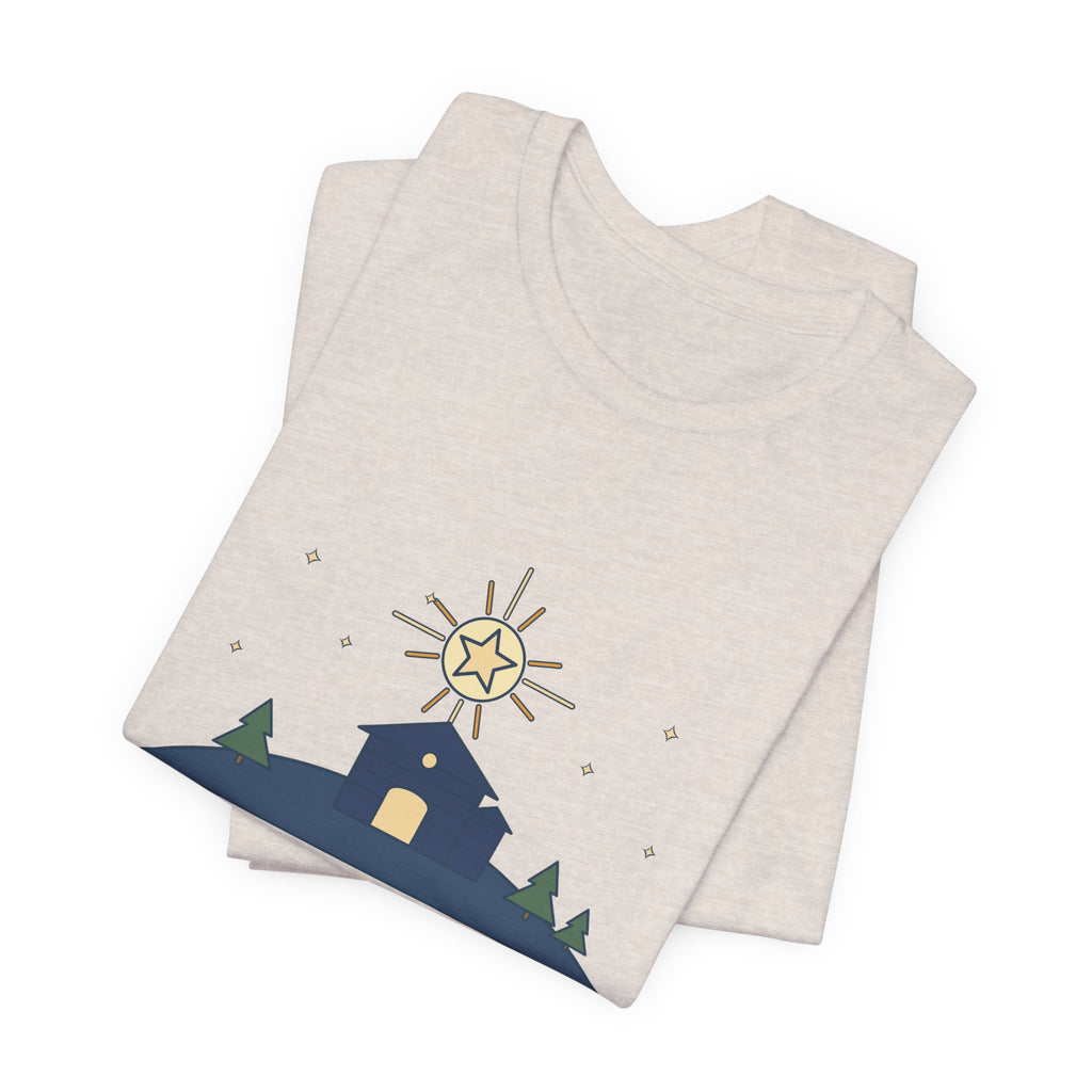 Cappeau Quote T-Shirt, The Stars Are Brightly Shining, Christmas Star over Stable Tee
