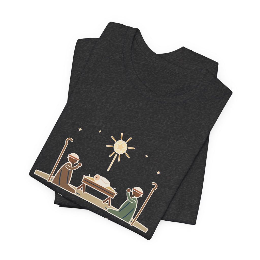 Oakeley Quote T-Shirt, O Come, Let Us Adore him, Christmas Woodcut Manger Tee