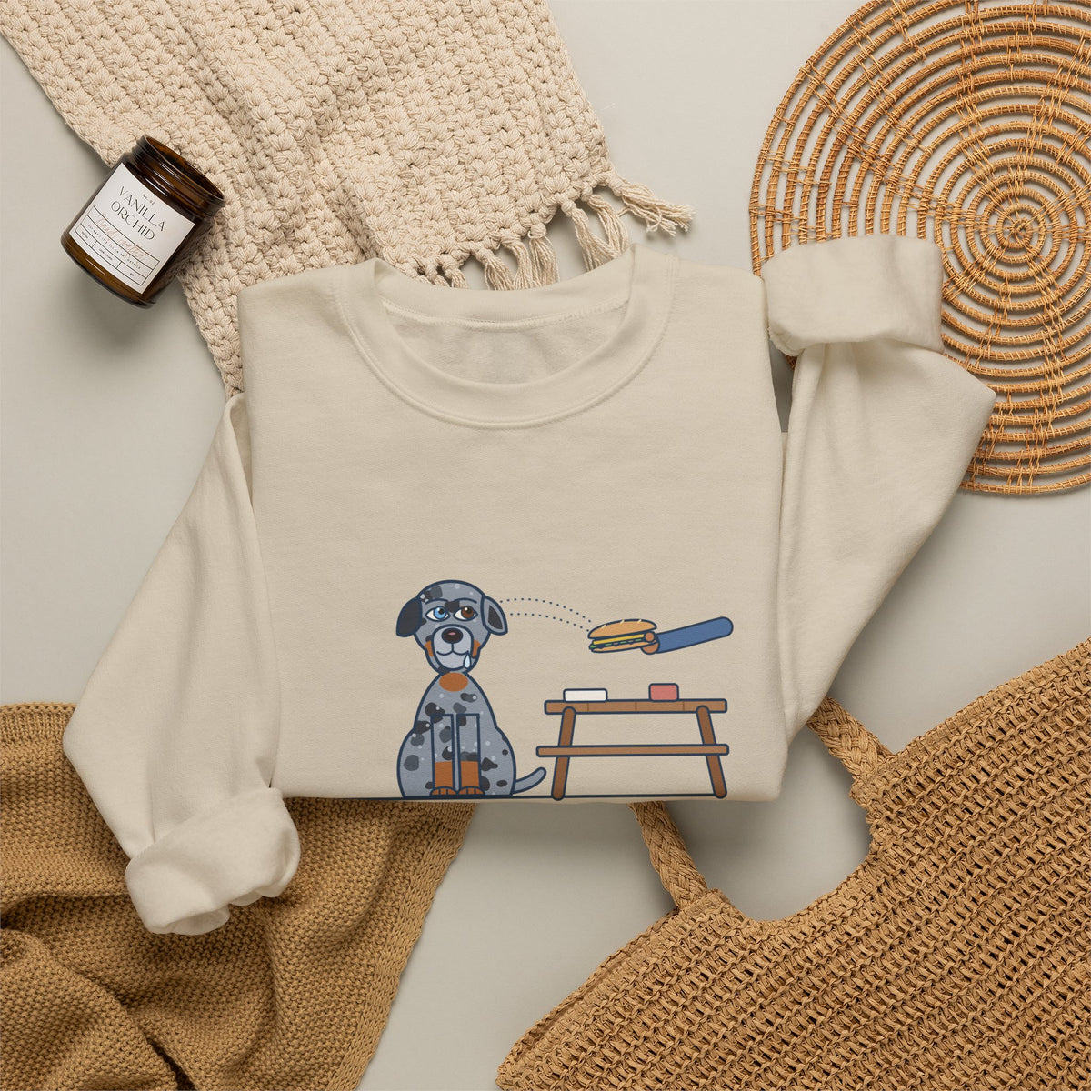 Catahoula Leopard Dog Crewneck Sweatshirt - One Blue Eye, One Brown Eye, Both on My Sandwich