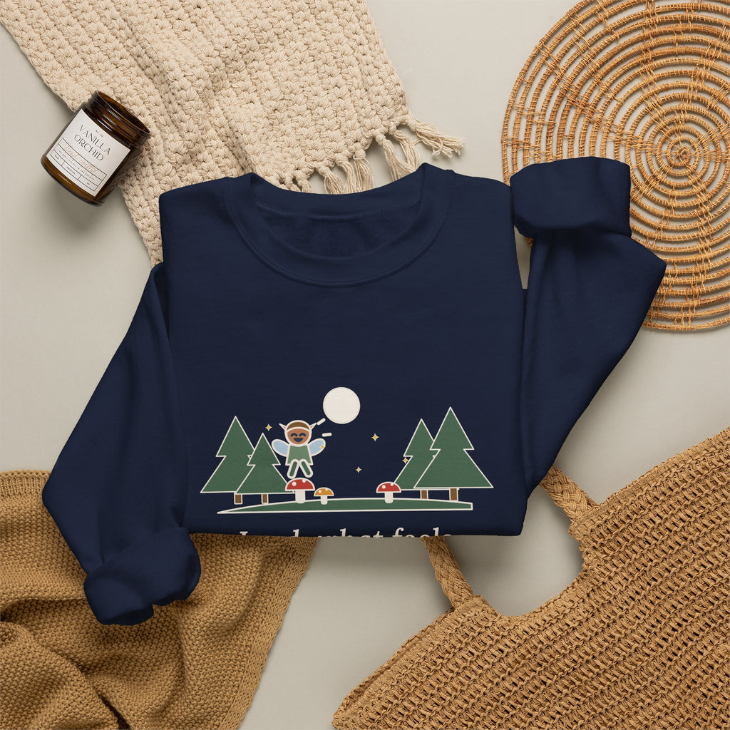 Lord, What Fools These Mortals Be Sweatshirt, Whimsical Shakespeare Humor Quote Crewneck with Mushroom Sprite