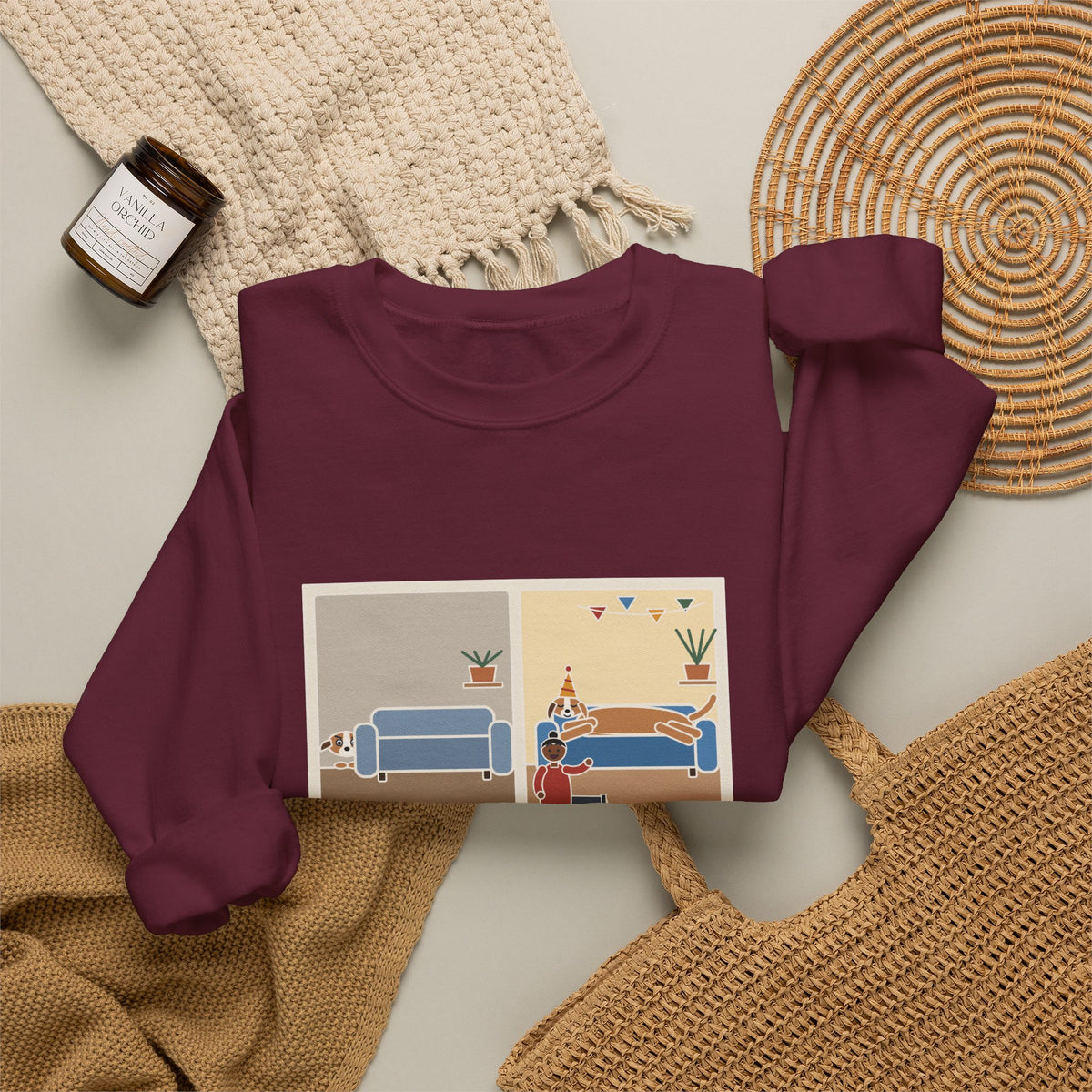 Gotcha Day Sweatshirt, Five Years Ago She Hid Behind the Couch, Now the Couch Is Hers, Funny Then and Now Crewneck
