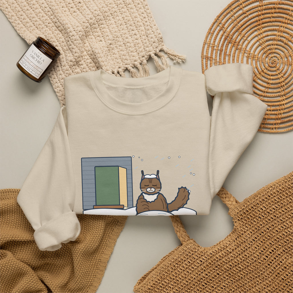 Siberian Cat Crewneck Sweatshirt - Happy in the Snowbank During a Snowstorm