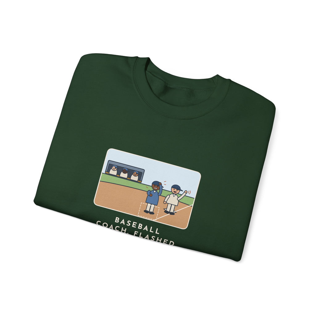 Baseball Coach Sweatshirt, Flashed Fourteen Signs to Third Base, The Runner Waved Back, Funny Third Base Box Crewneck