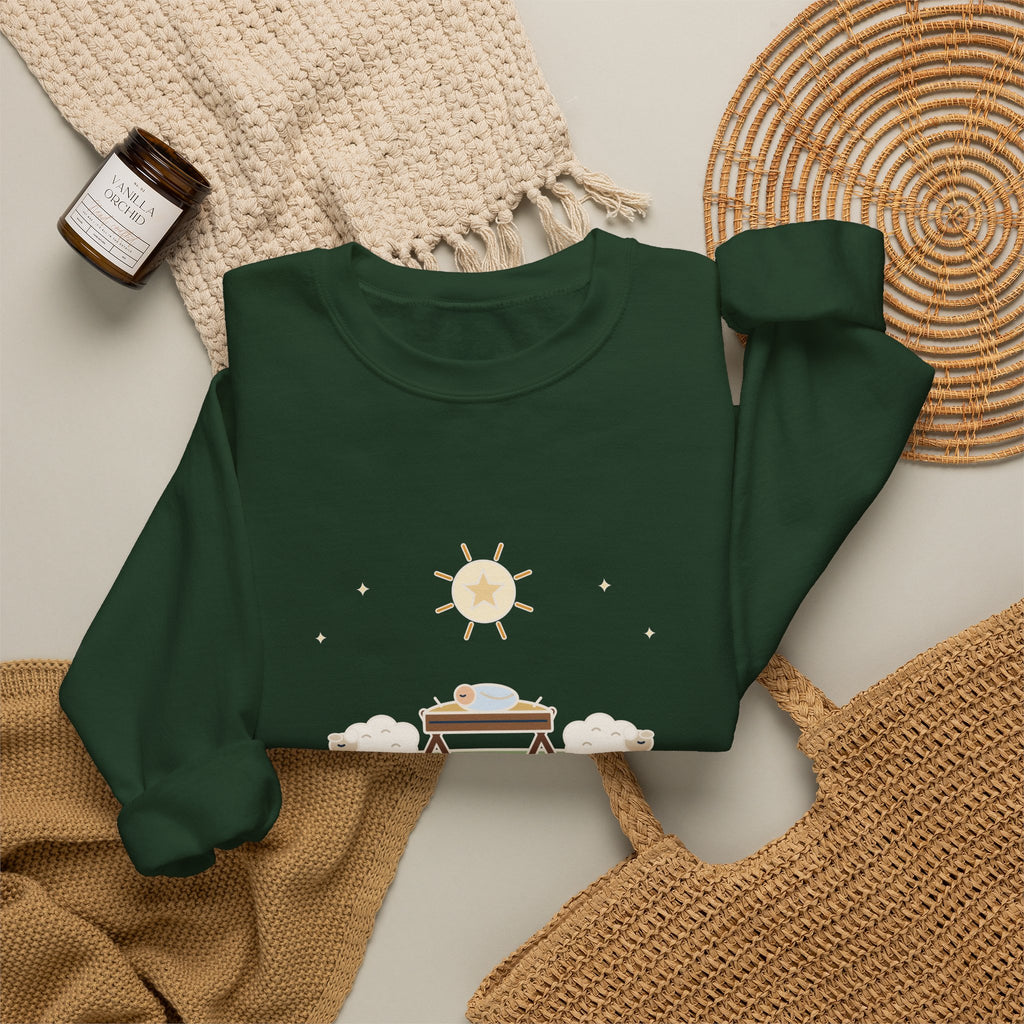 Away in a Manger Sweatshirt, Christmas Anonymous Quote Crewneck with Manger and Lambs