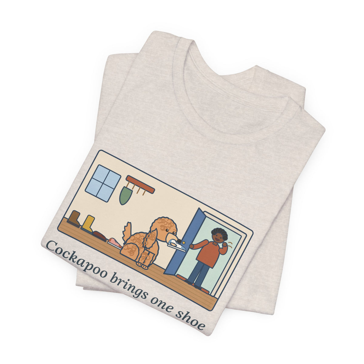 Funny Cockapoo T-Shirt, Brings One Shoe to Every Guest at the Door, Never the Pair, Front Door Greeting Tee
