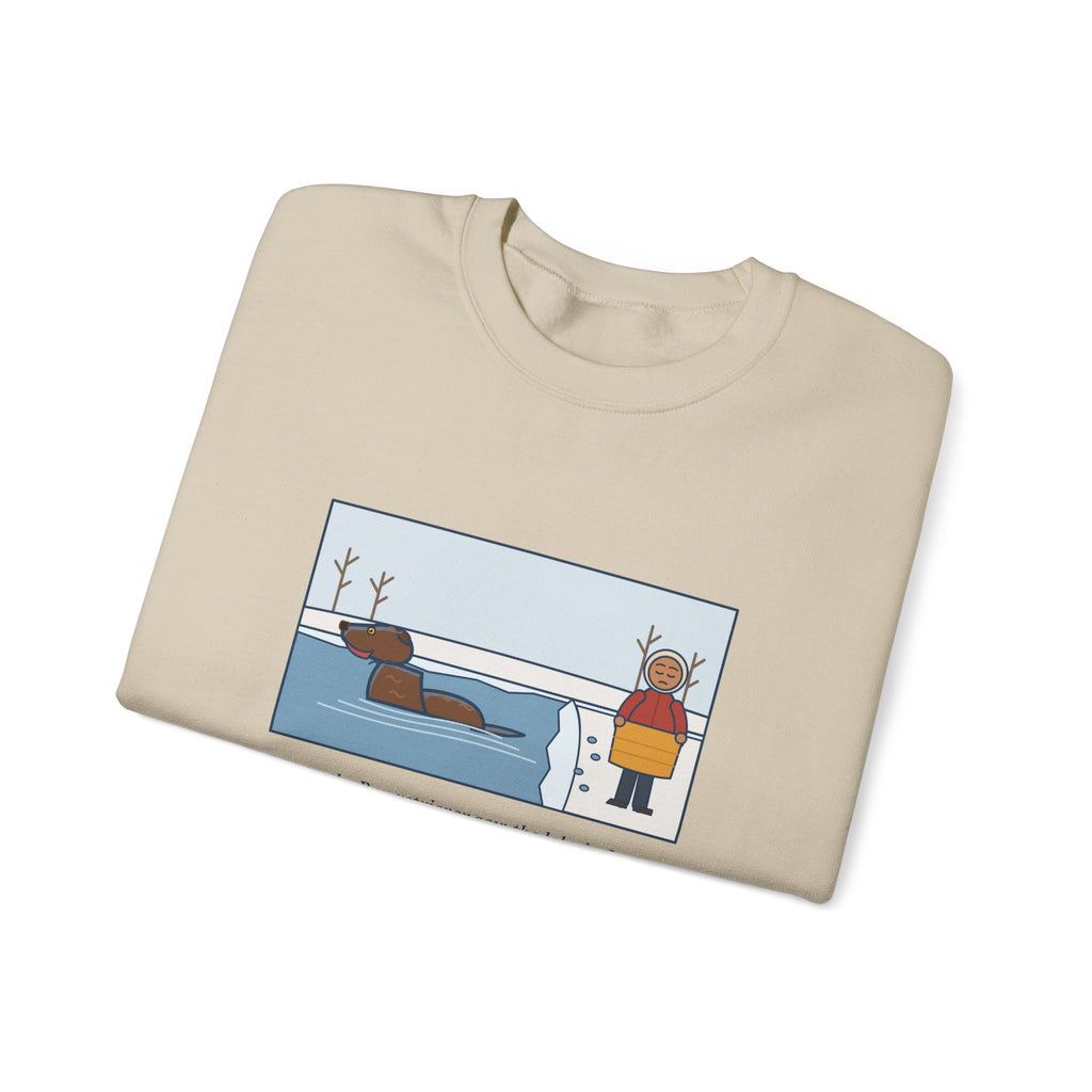 Chesapeake Bay Retriever Sweatshirt, Saw the Lake in January and Went In Anyway, Twice, Funny Winter Lake Crewneck