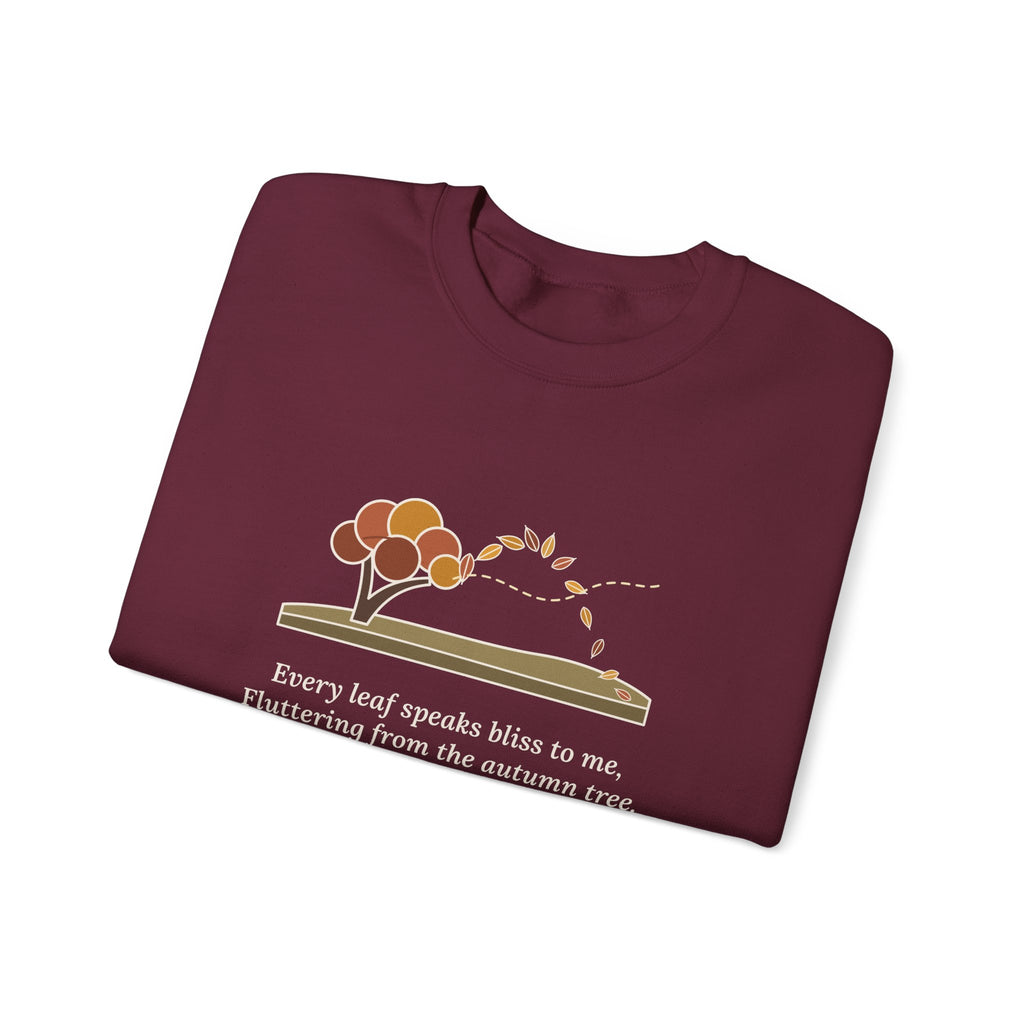 Every Leaf Speaks Bliss to Me Sweatshirt, Autumn Emily Brontë Quote Crewneck with Windswept Moor Tree