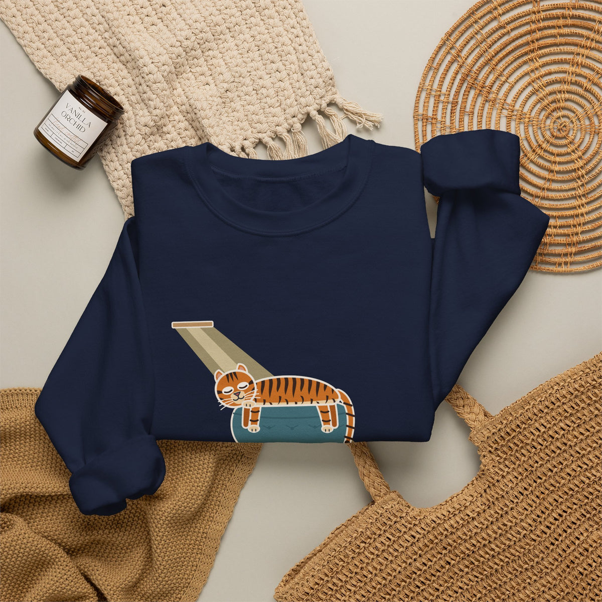 Tiger-Striped Cat Crewneck Sweatshirt - Sprawled on the Ottoman Like a Tiger on a Sun Rock Cat Gift