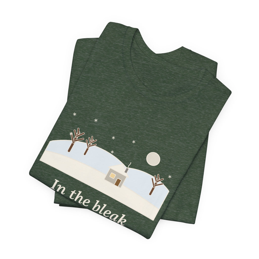 Rossetti Quote T-Shirt, In the Bleak Mid-Winter, Winter Snowy Cottage Hill Tee