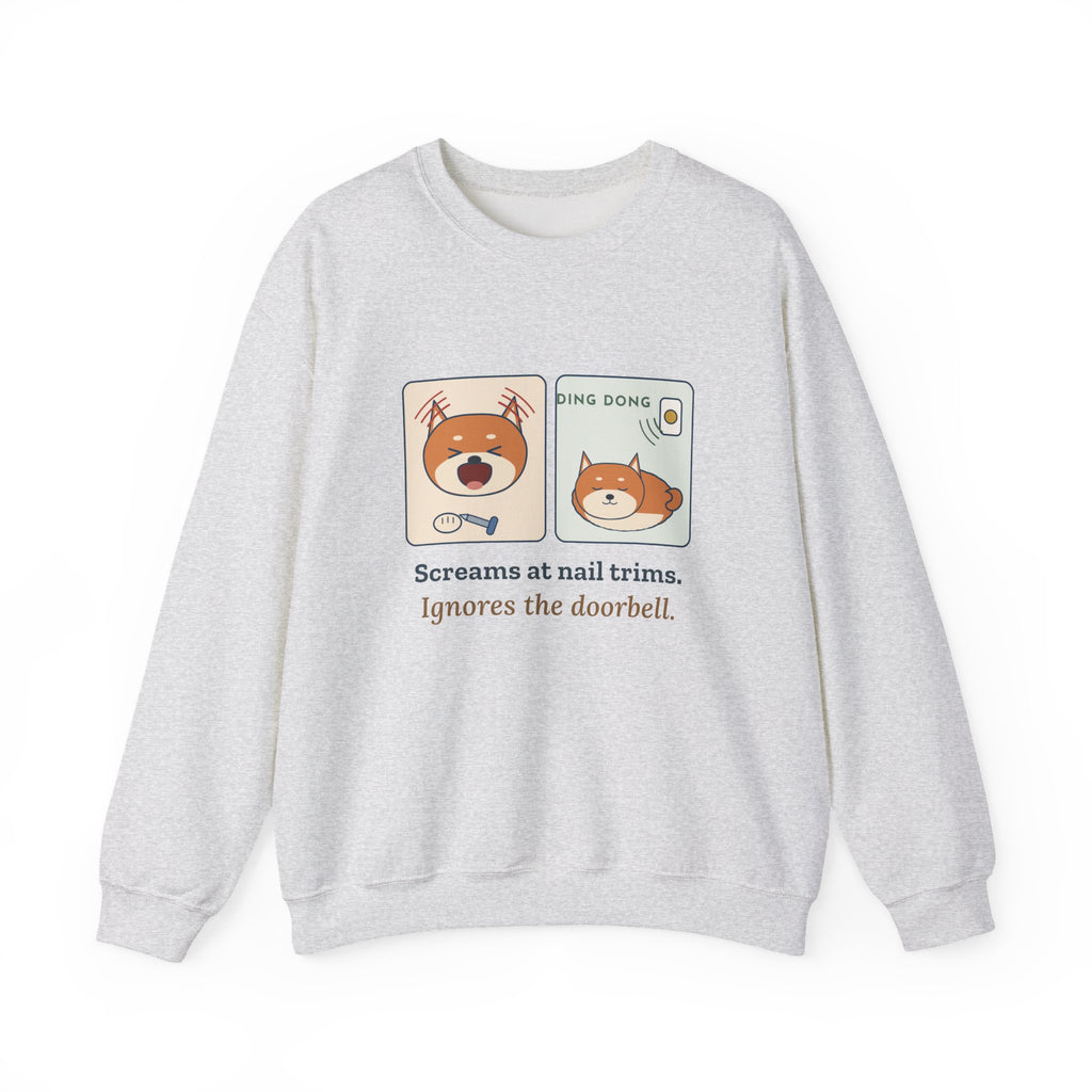 Shiba Inu Crewneck Sweatshirt - Screams at Nail Trims. Ignores the Doorbell.