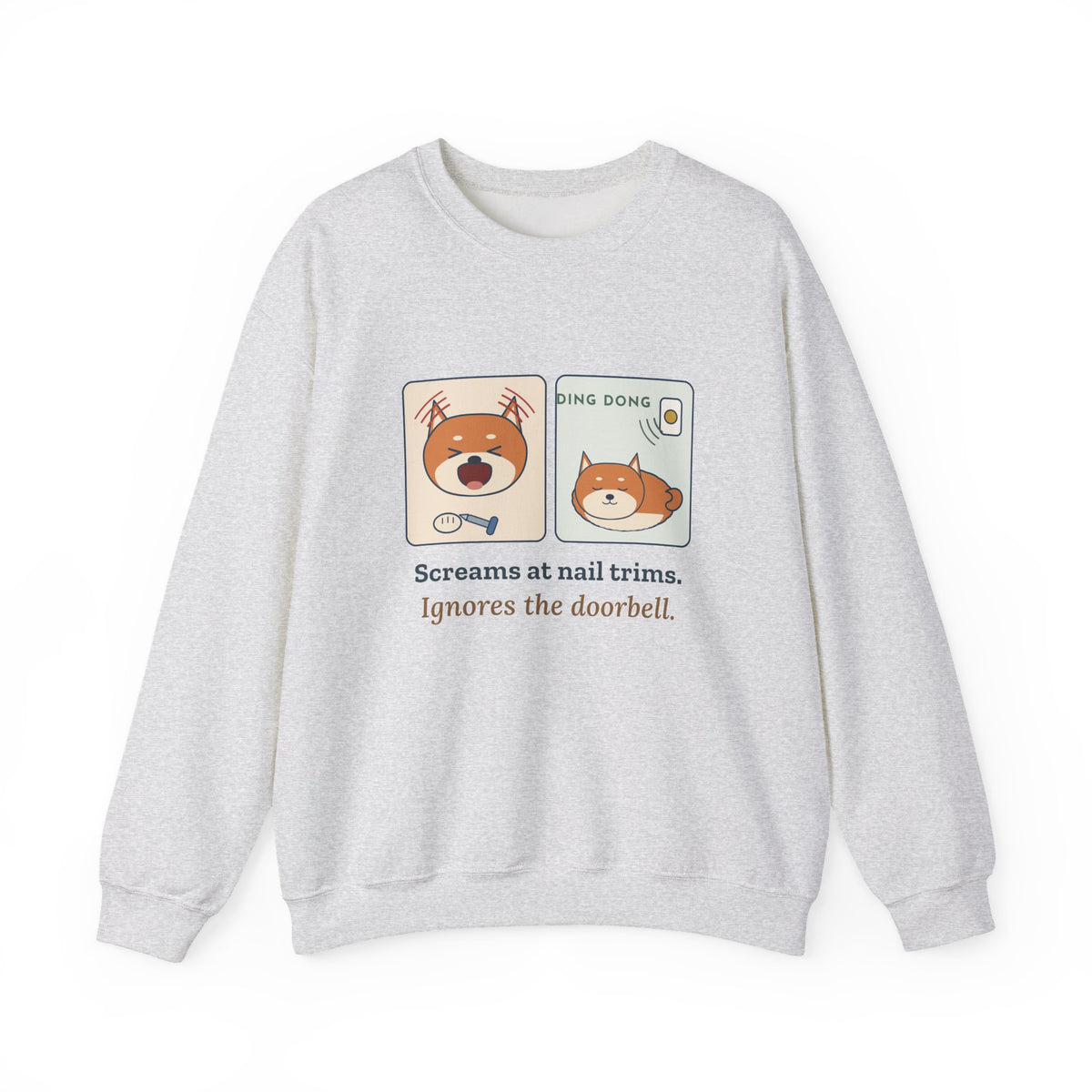 Shiba Inu Crewneck Sweatshirt - Screams at Nail Trims. Ignores the Doorbell.