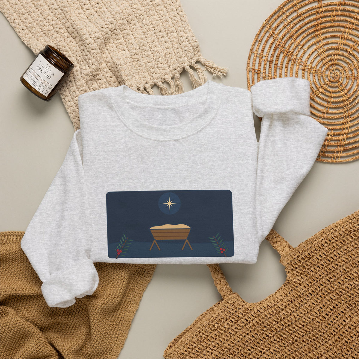 For Unto Us a Child Is Born Sweatshirt, Christmas Isaiah 9:6 Quote Crewneck with Empty Manger Star