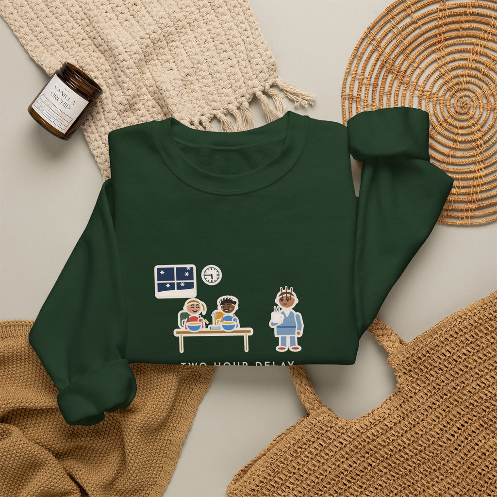 Two-Hour Delay Sweatshirt, Announced at 5:45 a.m., Both Kids Already Dressed and Eating Cereal, Funny Dawn Kitchen Crewneck