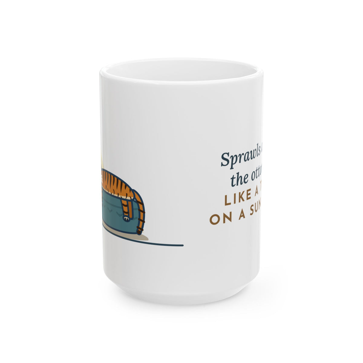 Large 15oz Tiger-Striped Cat Mug - Tiger on a Sun Rock Ottoman Striped Cat Gift