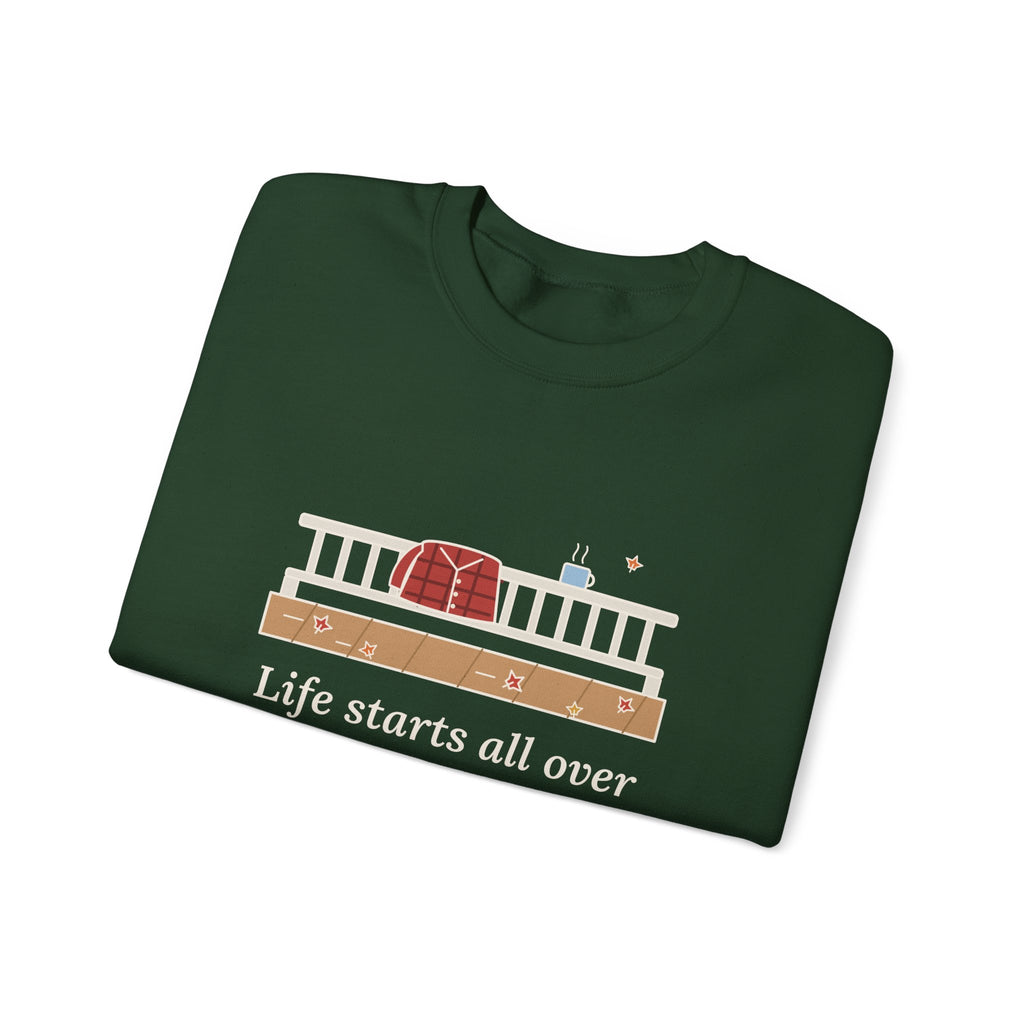 Life Starts All Over Again When It Gets Crisp Sweatshirt, Fall Fitzgerald Quote Crewneck with Porch Morning