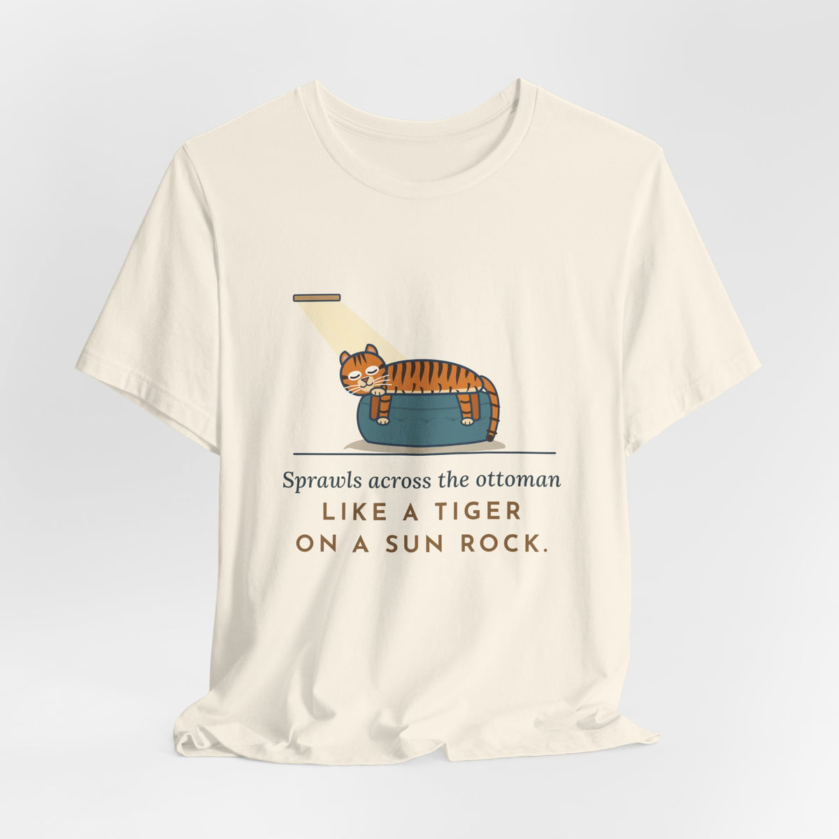 Tiger-Striped Cat T-Shirt - Sprawls Across the Ottoman Like a Tiger on a Sun Rock Striped Cat Tee