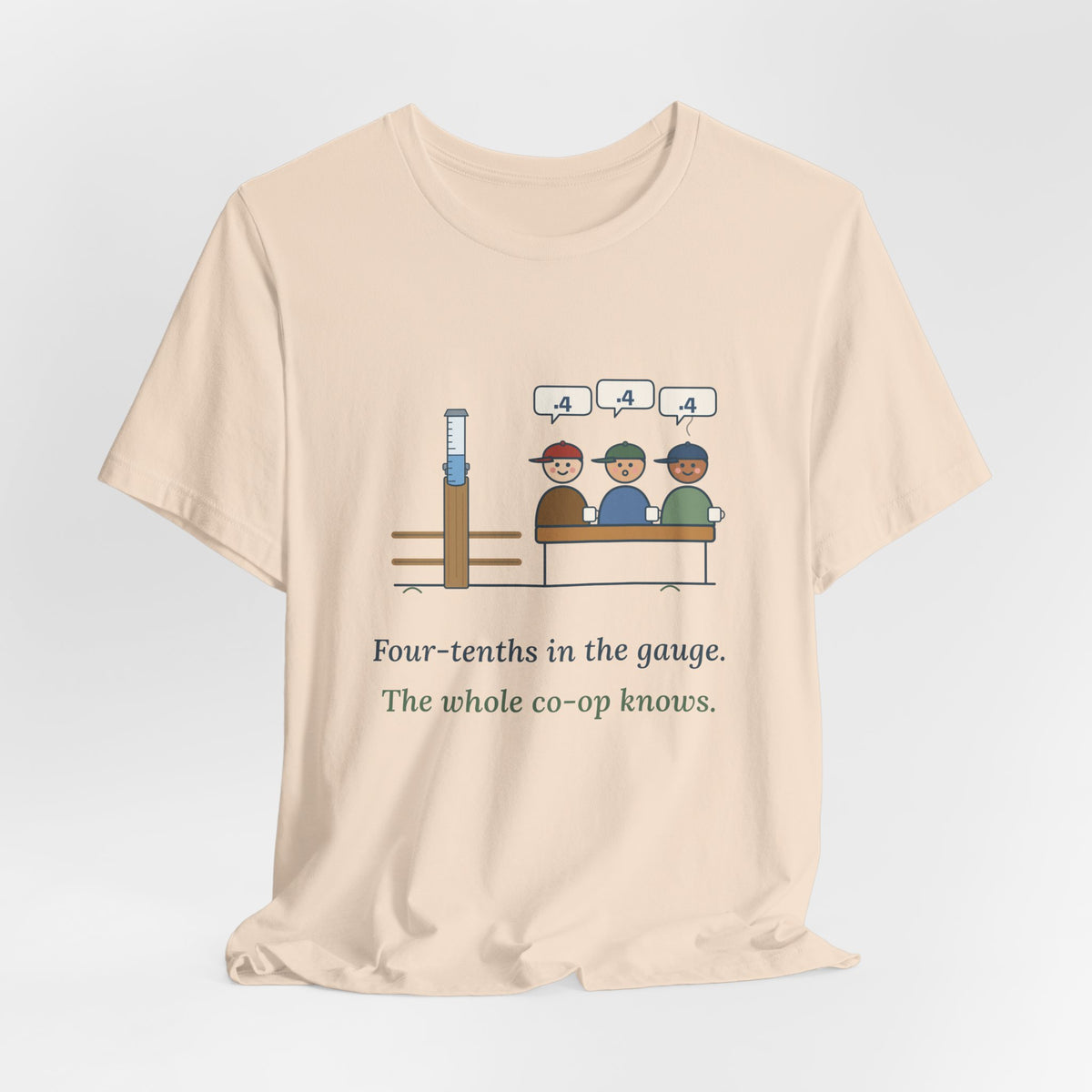 Farmer T-Shirt - Four-Tenths in the Gauge. The Whole Co-op Knows. Rain Gauge Tee