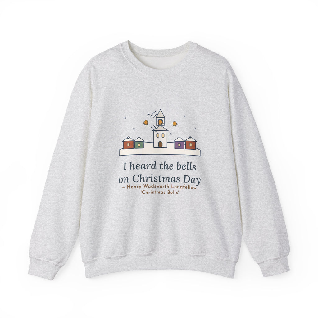 I Heard the Bells on Christmas Day Sweatshirt, Christmas Longfellow Quote Crewneck with Village Bell Tower