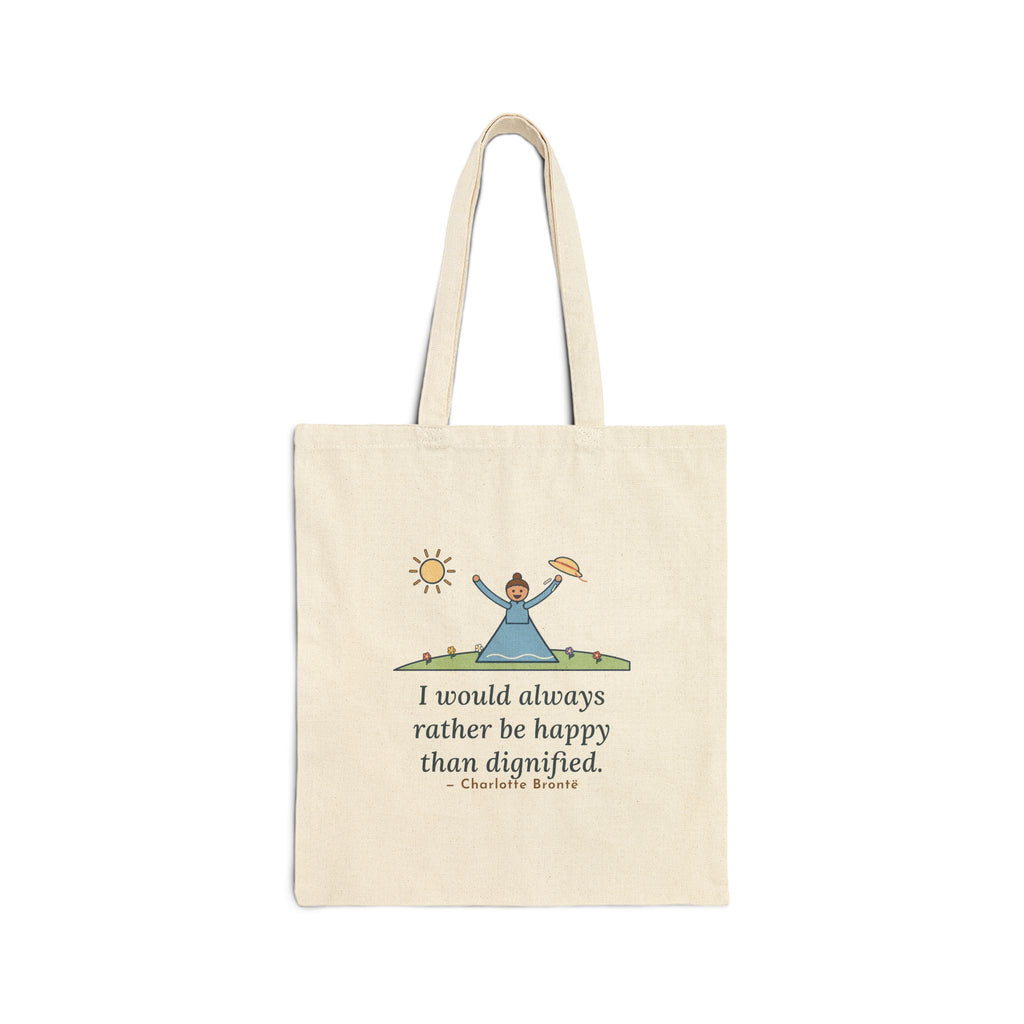 I Would Always Rather Be Happy Than Dignified Tote Bag, Joyful Brontë Literary Quote Tote with Meadow Bonnet