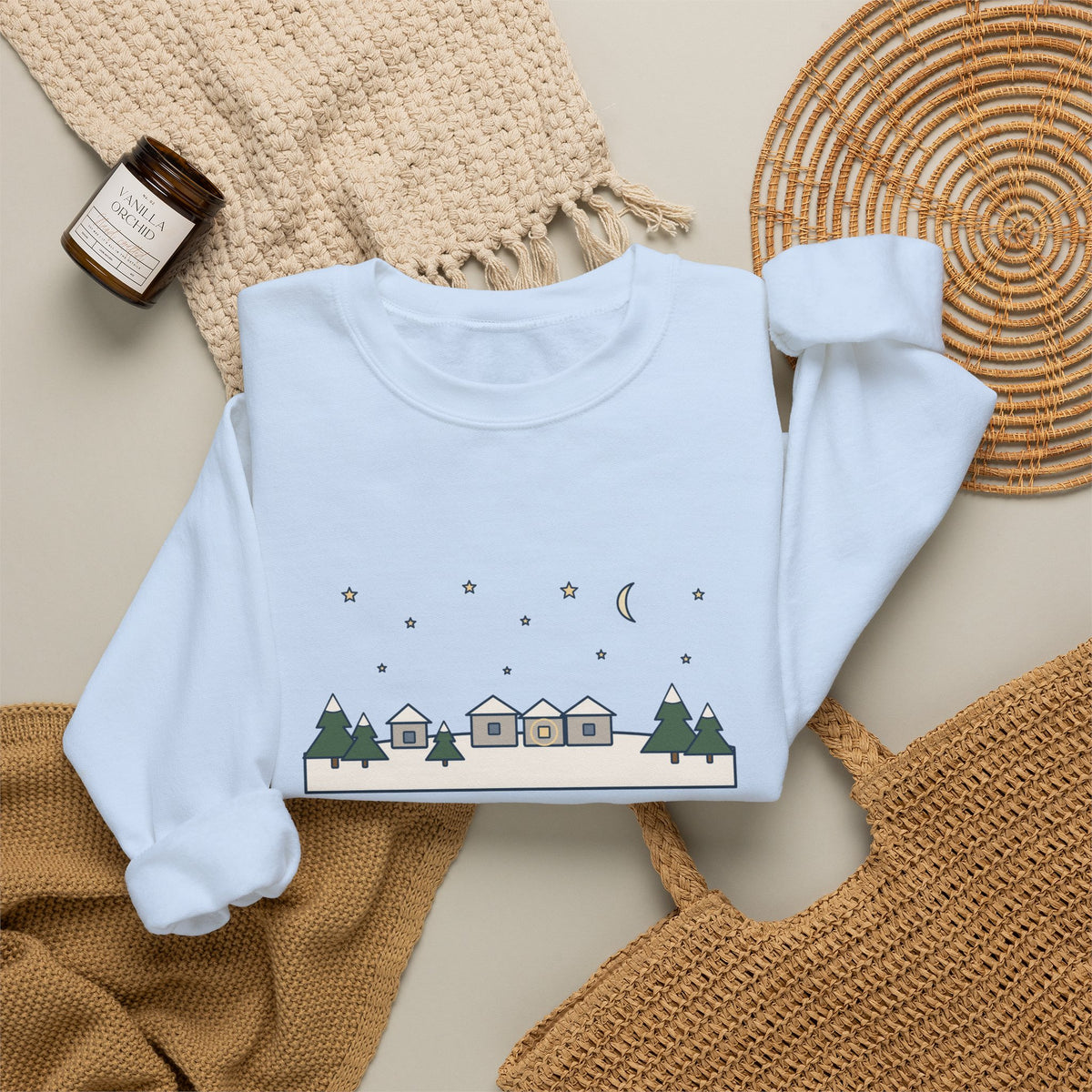 All Is Calm, All Is Bright Sweatshirt, Christmas Joseph Mohr Quote Crewneck with Snowy Village Night