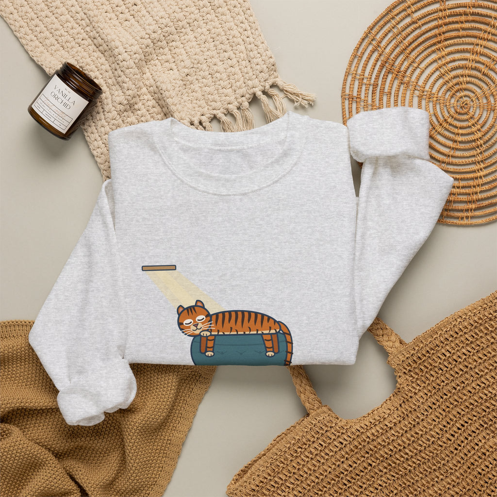 Tiger-Striped Cat Crewneck Sweatshirt - Sprawled on the Ottoman Like a Tiger on a Sun Rock Cat Gift