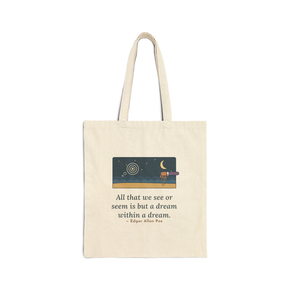 A Dream Within a Dream Tote Bag, Gothic Poe Literary Quote Tote with Moonlit Shore