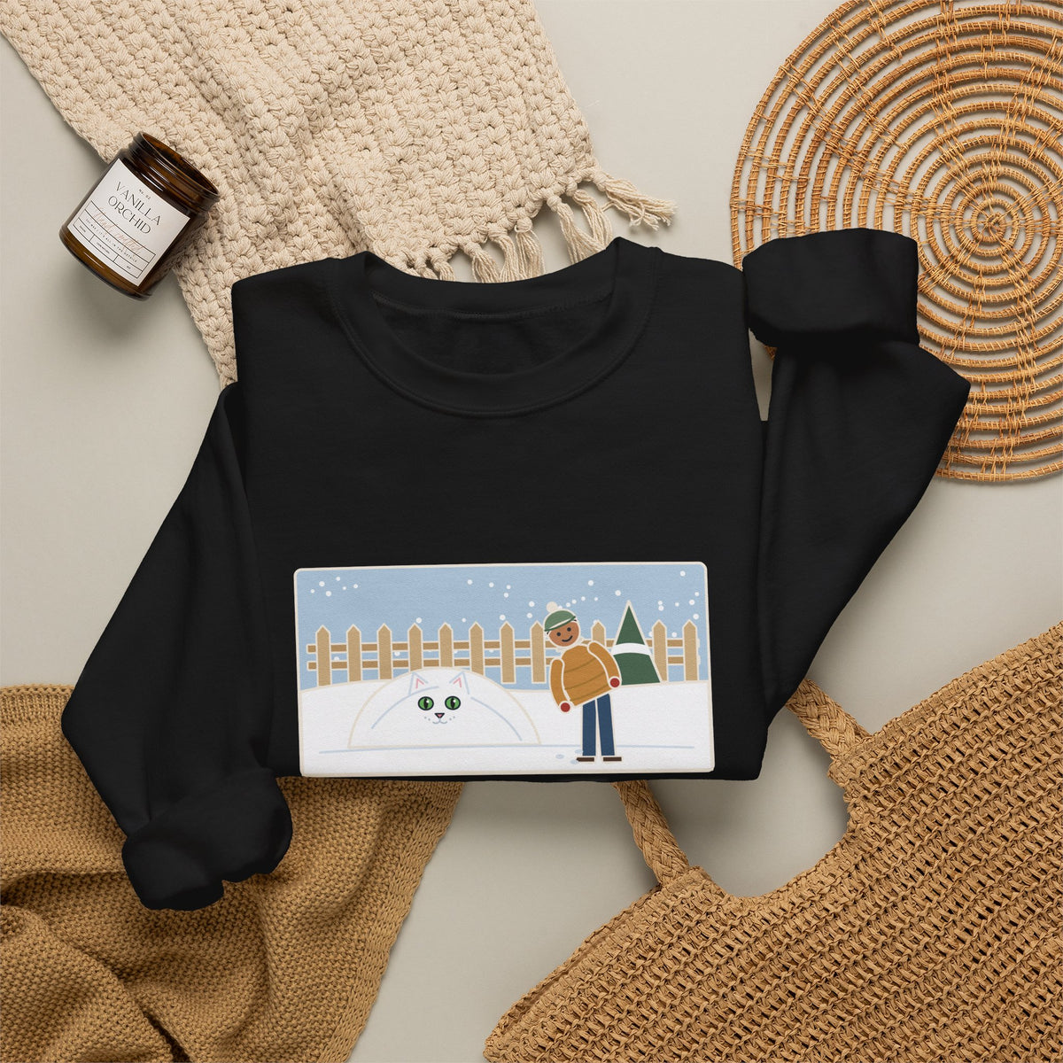 White Cat Sweatshirt, In the Snow, Found Her by the Pink Nose and the Green Eyes, Funny Snowy Backyard Crewneck
