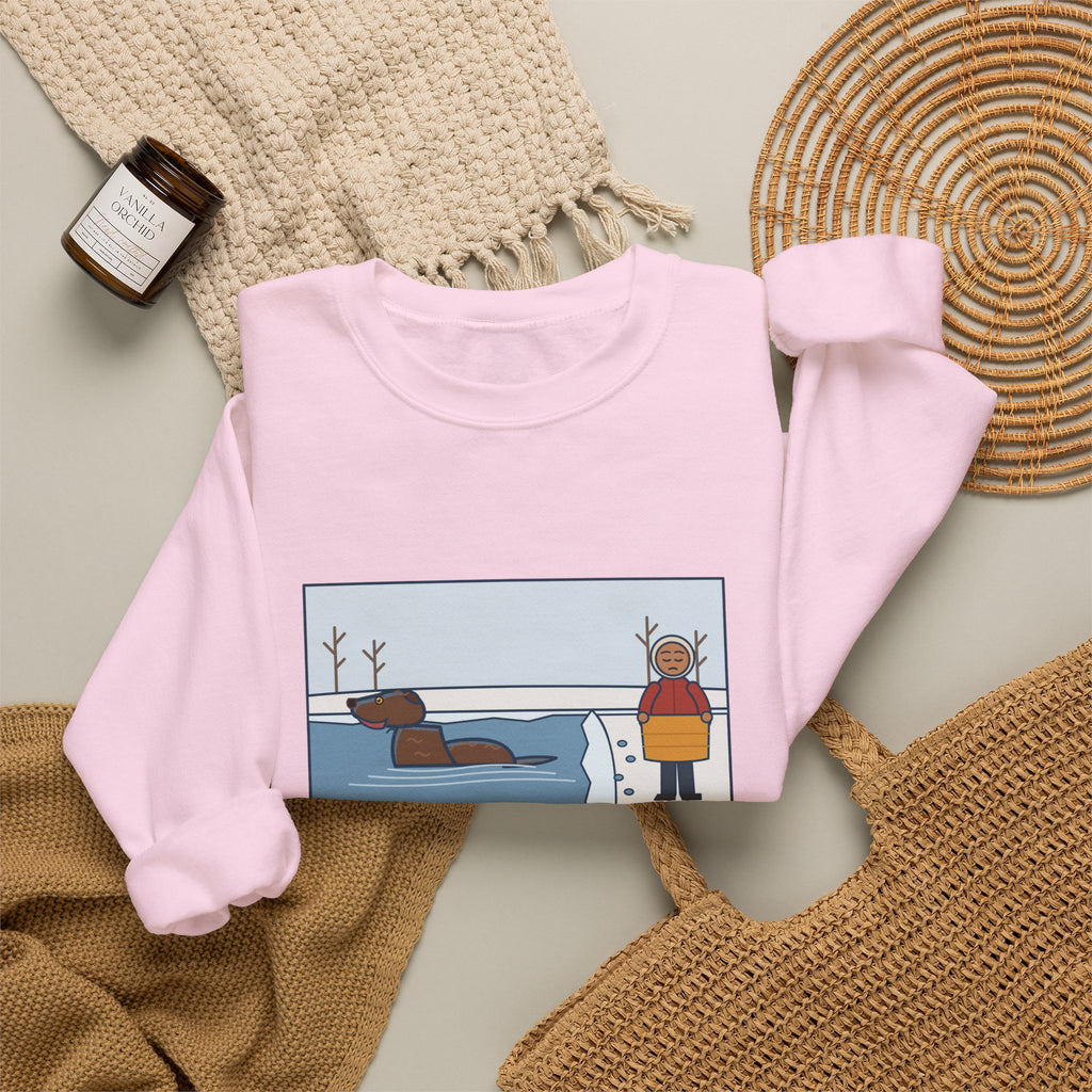 Chesapeake Bay Retriever Sweatshirt, Saw the Lake in January and Went In Anyway, Twice, Funny Winter Lake Crewneck