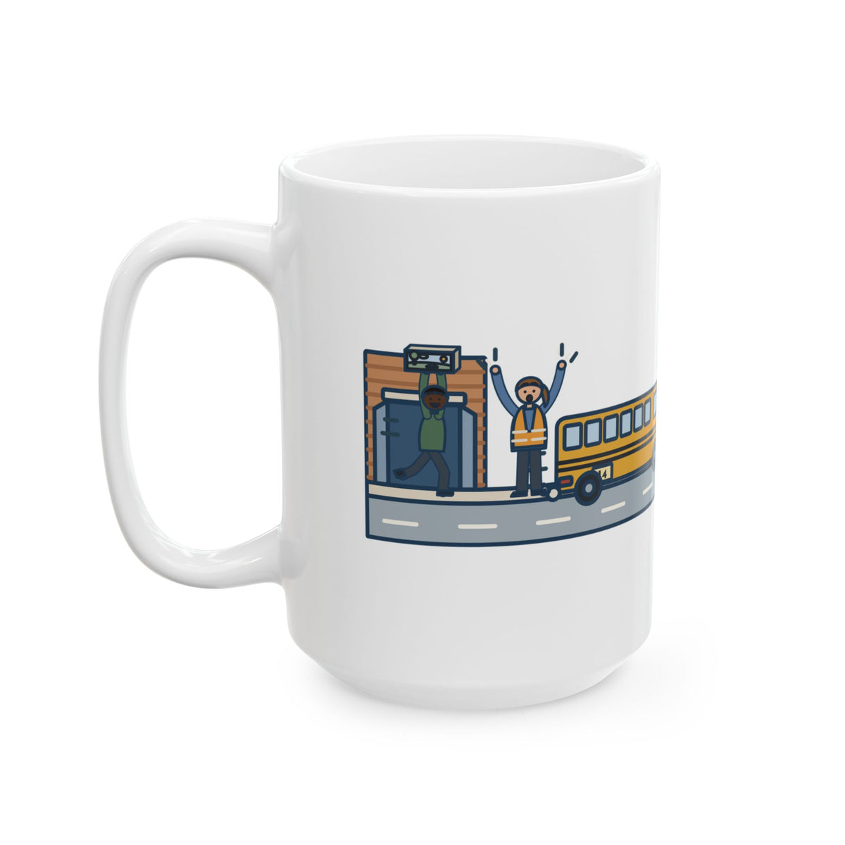 Large Bus Duty Mug 15oz - Kid Sprinted Out Holding a Diorama