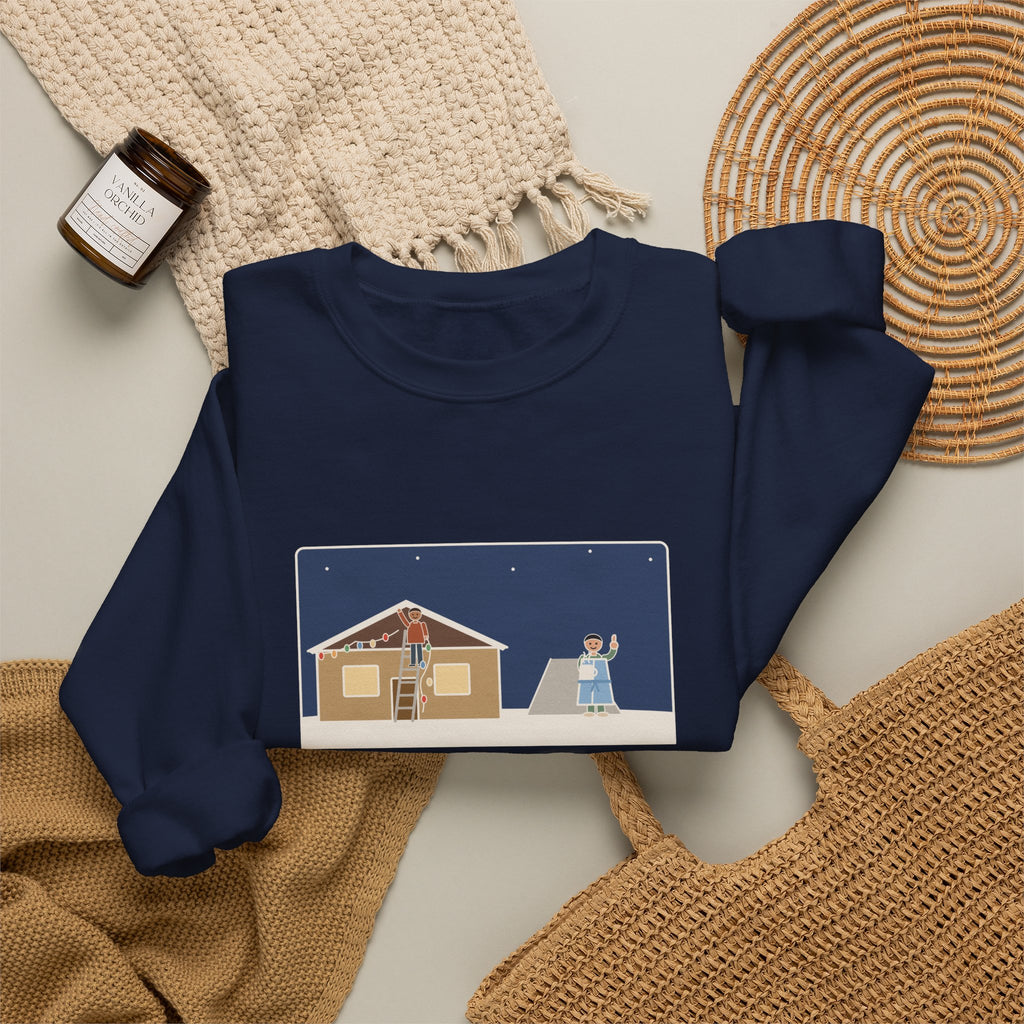 Christmas Lights Sweatshirt, Hung Them on the House, The Neighbor Supervised from His Driveway with Coffee