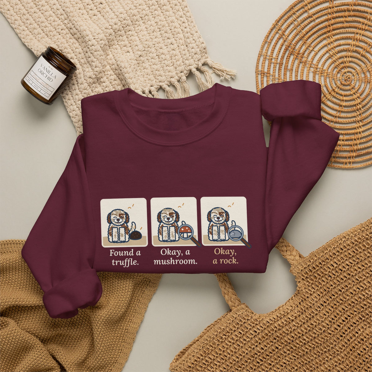 Lagotto Romagnolo Crewneck Sweatshirt - Truffle, Mushroom, Rock Three-Panel Dog Comic