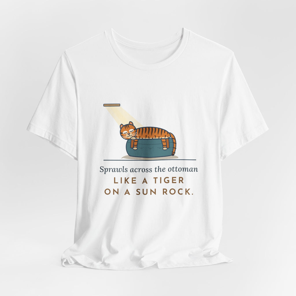 Tiger-Striped Cat T-Shirt - Sprawls Across the Ottoman Like a Tiger on a Sun Rock Striped Cat Tee