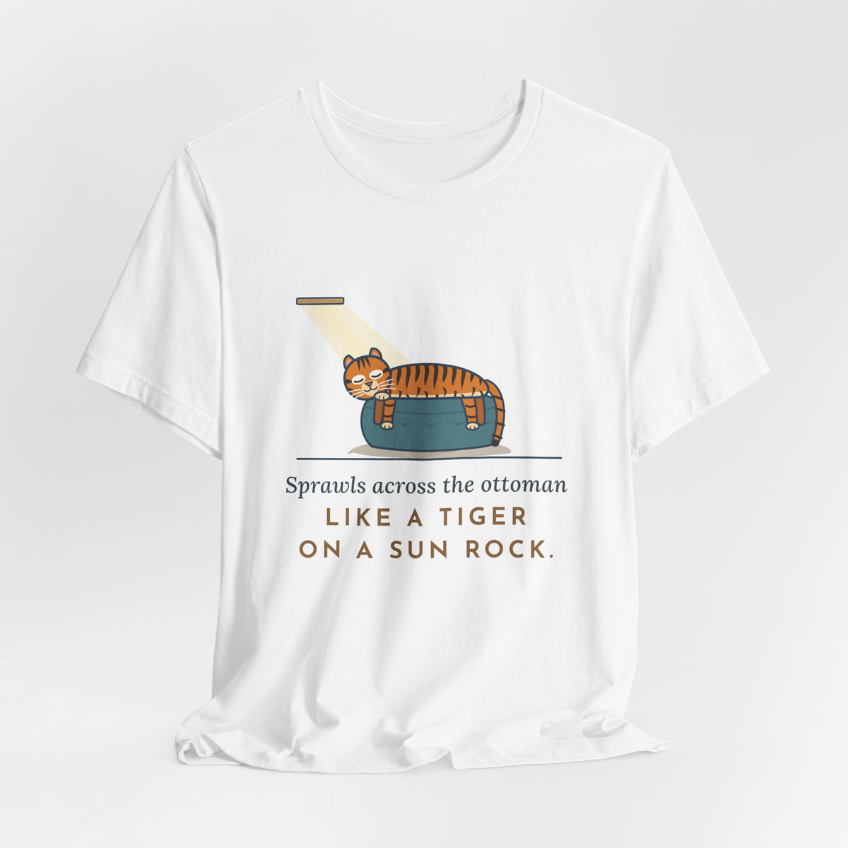 Tiger-Striped Cat T-Shirt - Sprawls Across the Ottoman Like a Tiger on a Sun Rock Striped Cat Tee