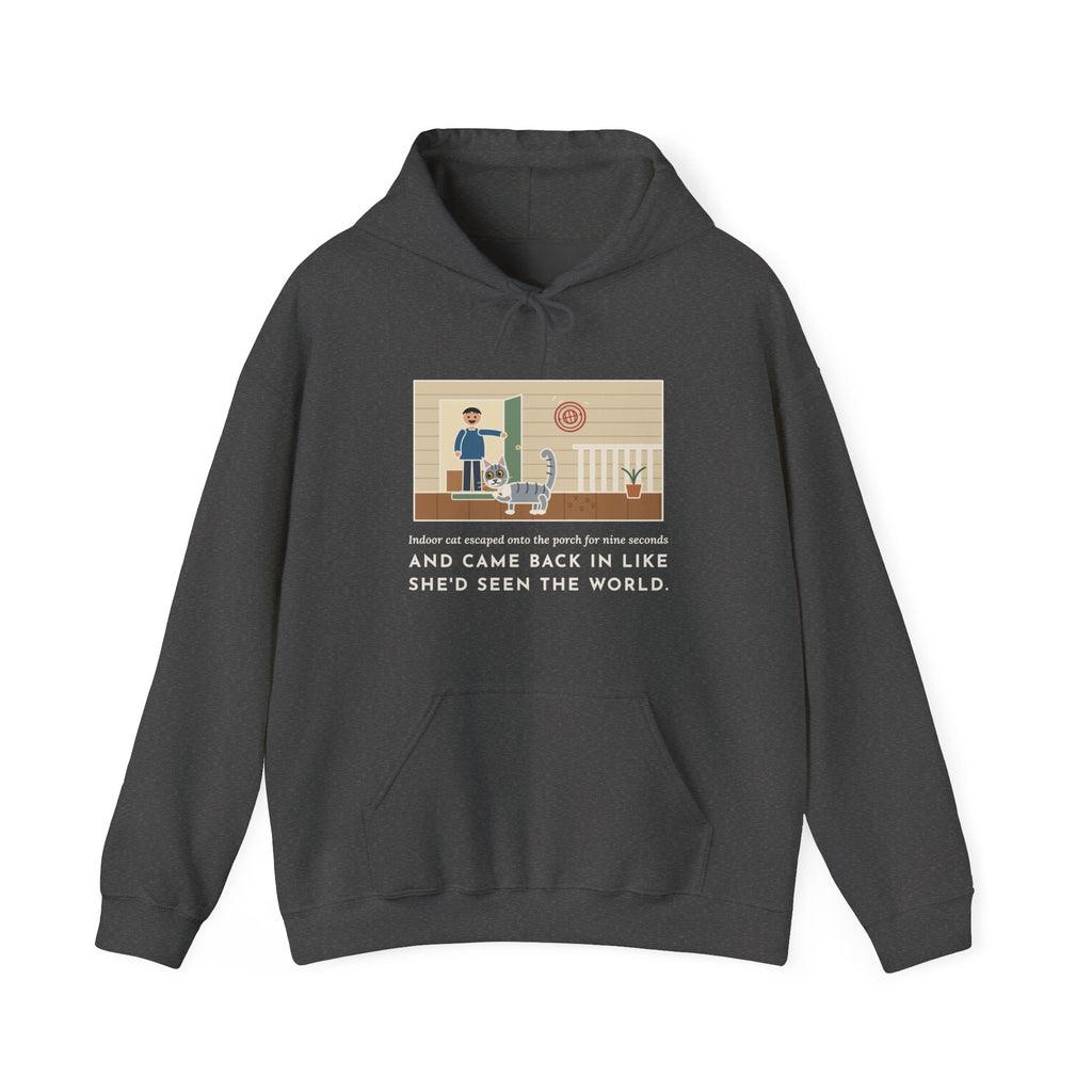 Funny Indoor Cat Hoodie, Escaped onto the Porch for Nine Seconds, Came Back Like She'd Seen the World