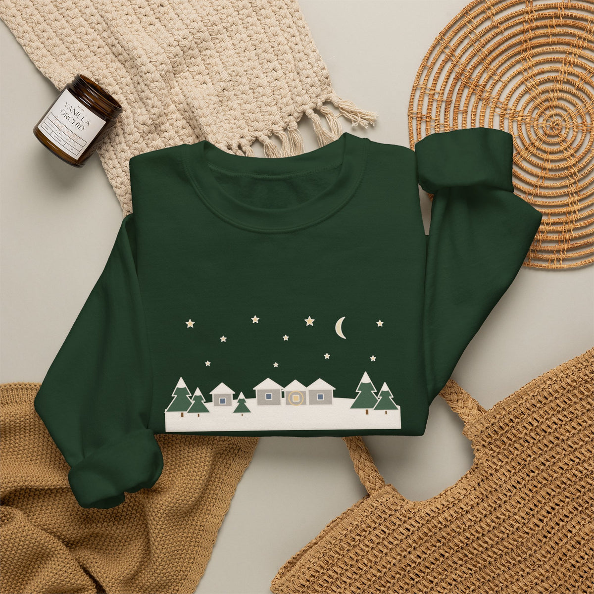 All Is Calm, All Is Bright Sweatshirt, Christmas Joseph Mohr Quote Crewneck with Snowy Village Night
