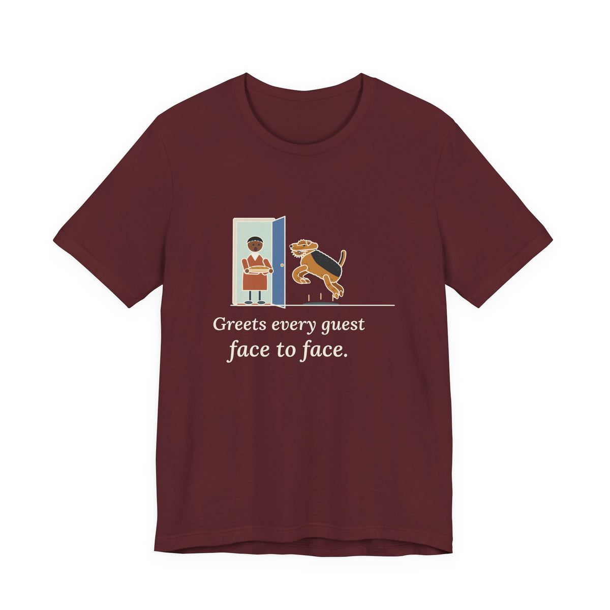 Airedale Terrier T-Shirt - Greets Every Guest Face to Face, Funny Airedale Boing Tee