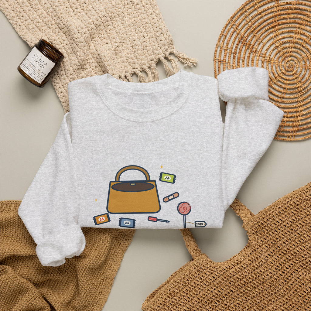 Mom Sweatshirt, Mom's Purse, Three Snacks, a Bandage, a Screwdriver and a Very Old Lollipop, Funny Purse Flat-Lay Crewneck