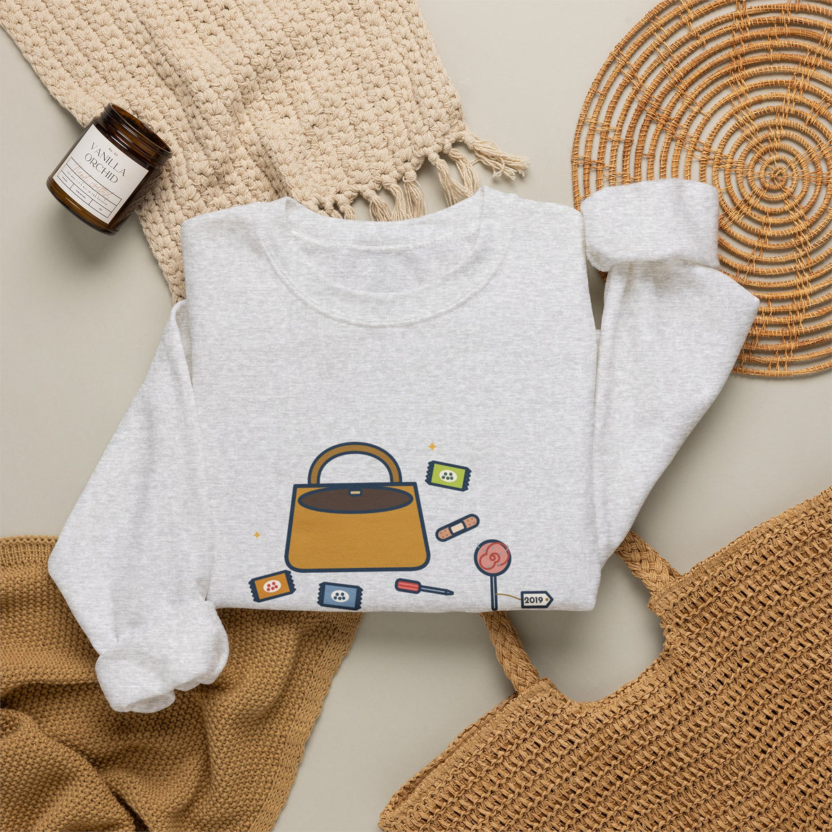 Mom Sweatshirt, Mom's Purse, Three Snacks, a Bandage, a Screwdriver and a Very Old Lollipop, Funny Purse Flat-Lay Crewneck