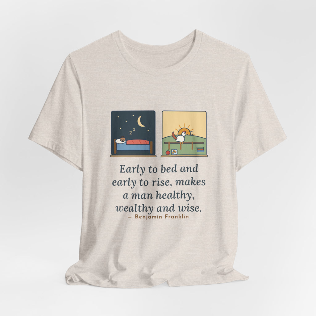 Franklin Wisdom Quote T-Shirt, Early to Bed and Early to Rise, Early Riser Moon and Rooster Tee
