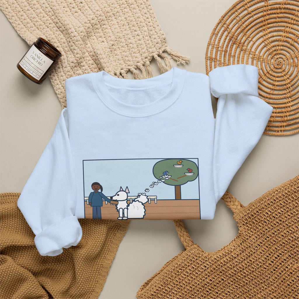 American Eskimo Dog Sweatshirt, Brushed the Eskie on the Porch, The Birds Built Three Nests from It, Funny Porch Brushing Crewneck