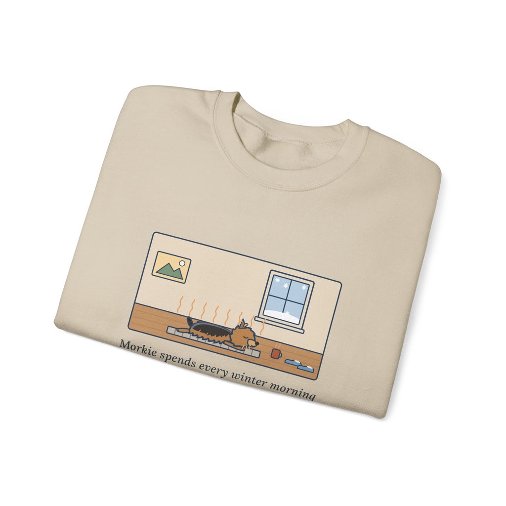 Morkie Sweatshirt, Every Winter Morning Stretched Across the Heating Vent, Funny Warm Spot Crewneck