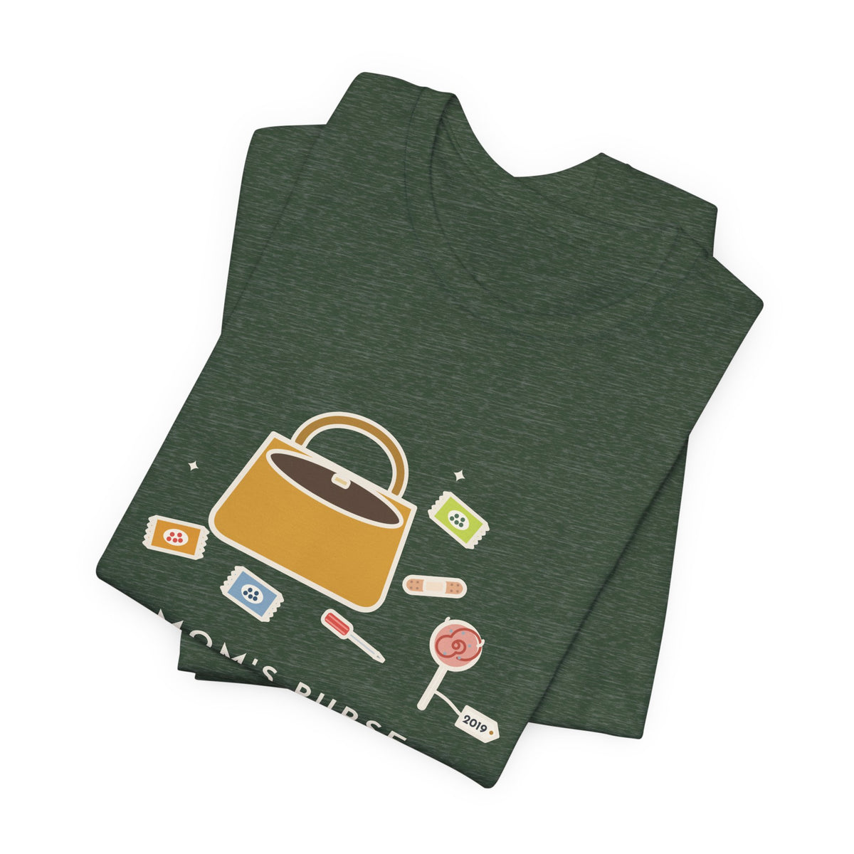 Funny Mom T-Shirt, Mom's Purse, Three Snacks, a Bandage, a Screwdriver and a Very Old Lollipop, Purse Flat-Lay Tee