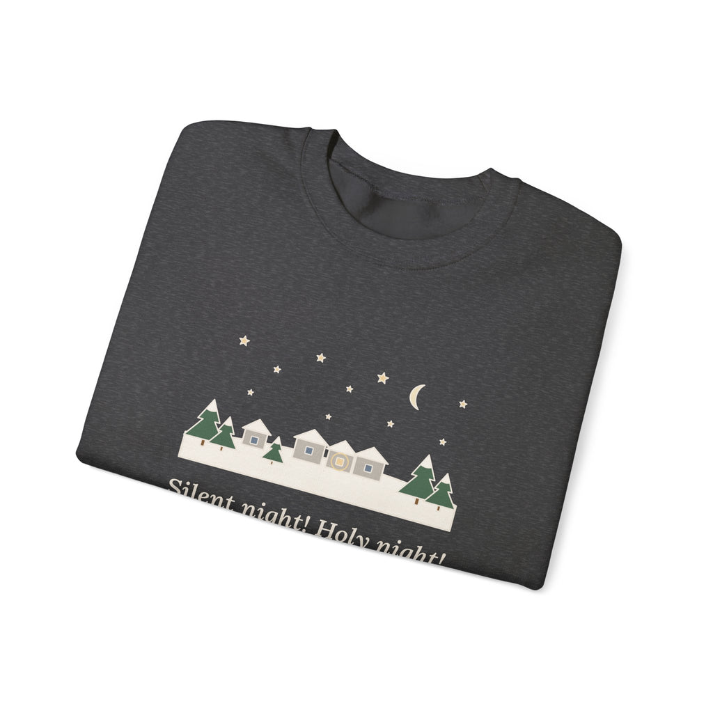 All Is Calm, All Is Bright Sweatshirt, Christmas Joseph Mohr Quote Crewneck with Snowy Village Night