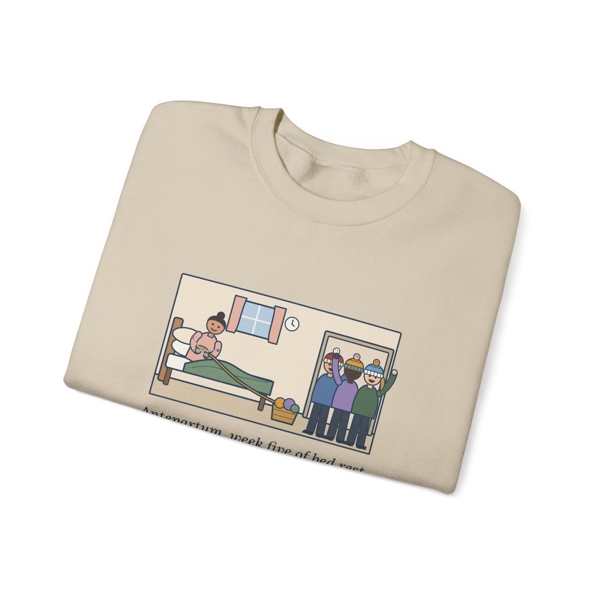 Antepartum Nurse Sweatshirt, Week Five of Bed Rest, She Knitted a Hat for Every Nurse on Day Shift, Funny Knitted Hats Crewneck