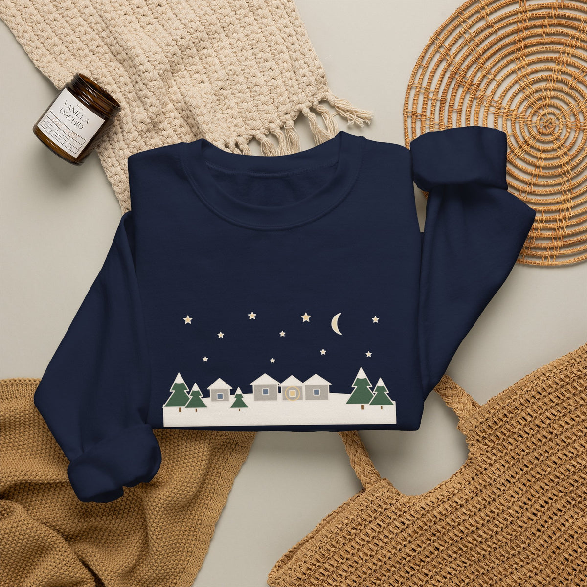 All Is Calm, All Is Bright Sweatshirt, Christmas Joseph Mohr Quote Crewneck with Snowy Village Night