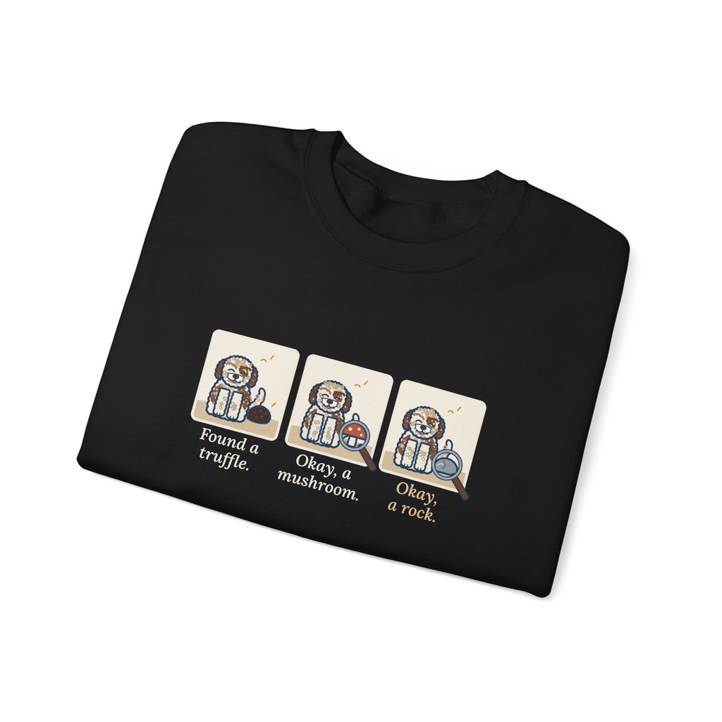 Lagotto Romagnolo Crewneck Sweatshirt - Truffle, Mushroom, Rock Three-Panel Dog Comic
